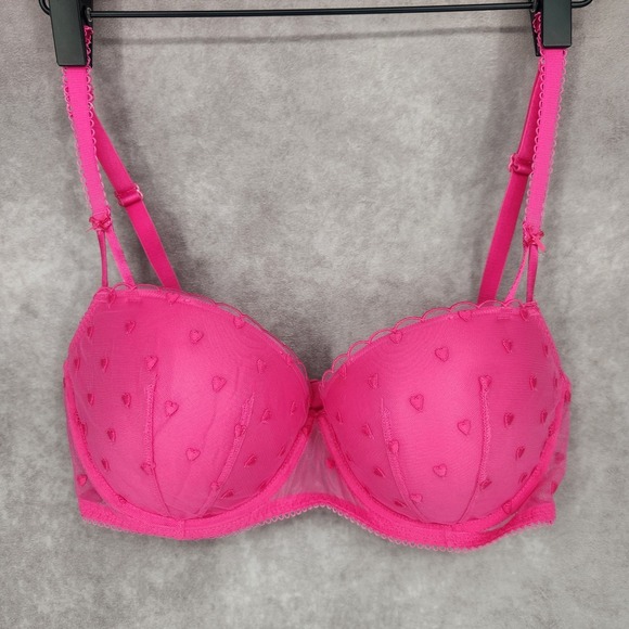 Victoria's Secret PINK Wink Push Up Balconette Bra 36D Pink Hearts Underwire - Picture 1 of 10